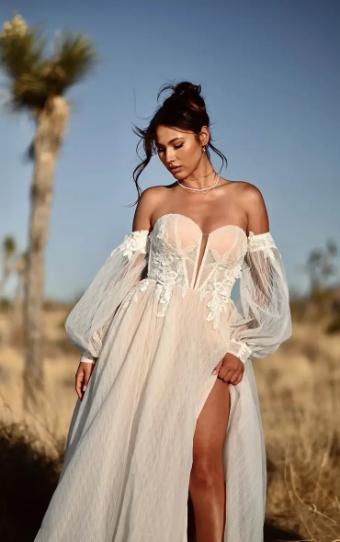 Martina Liana Madison Dress & Sleeves 1540 #1 default (IVIV-PL) IVR Lace Tulle & Regal Org ov IVR gwn w PLN Plunge thumbnail