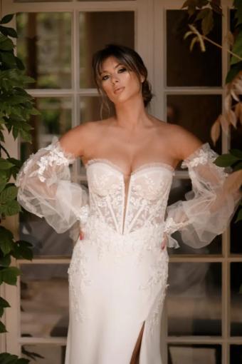 Martina Liana Aspen with Front Split & Sleeves 1710IV17 #3 (IV-PL) Ivory Gown w Porcelain Tulle Plunge thumbnail
